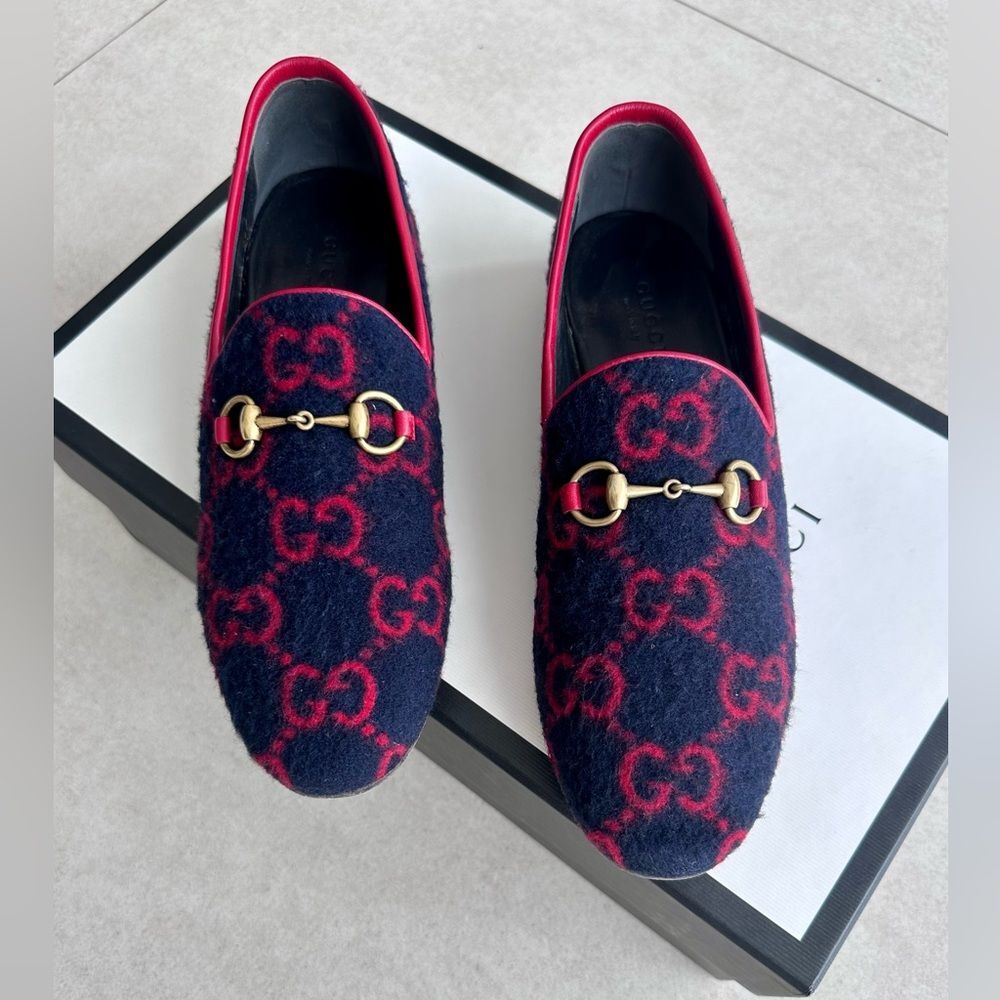 GUCCI Jordaan GG Monogram Horsebit Wool Flat Loafers Navy Blue & Red EU 37 US 7